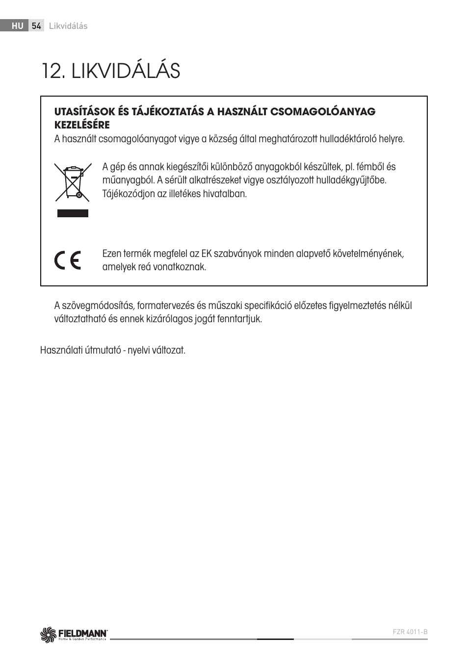 Likvidálás | Fieldmann FZR 4011-B User Manual | Page 54 / 82