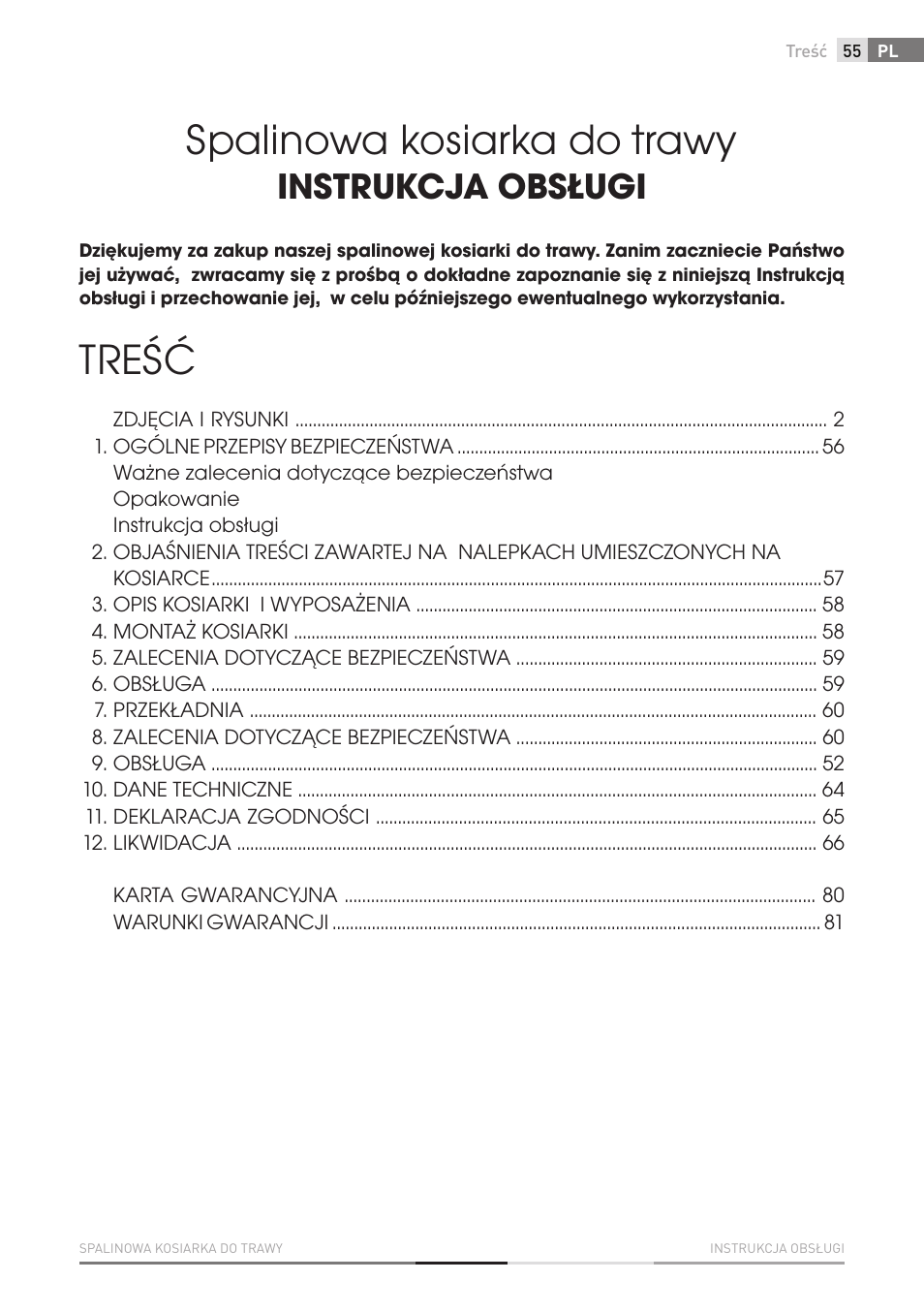Spalinowa kosiarka do trawy, Treść, Instrukcja obsługi | Fieldmann FZR 4011-B User Manual | Page 55 / 82