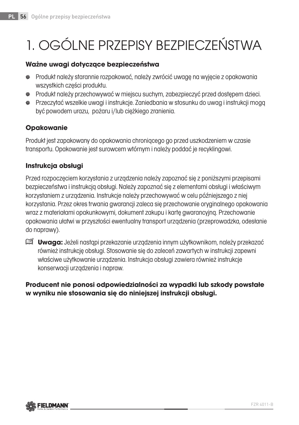 Ogólne przepisy bezpieczeństwa | Fieldmann FZR 4011-B User Manual | Page 56 / 82