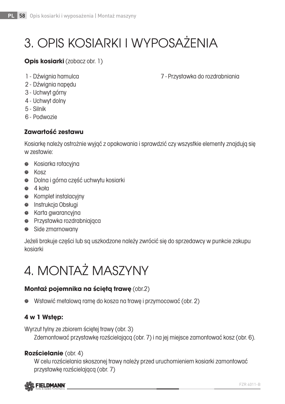 Opis kosiarki i wyposażenia, Montaż maszyny | Fieldmann FZR 4011-B User Manual | Page 58 / 82
