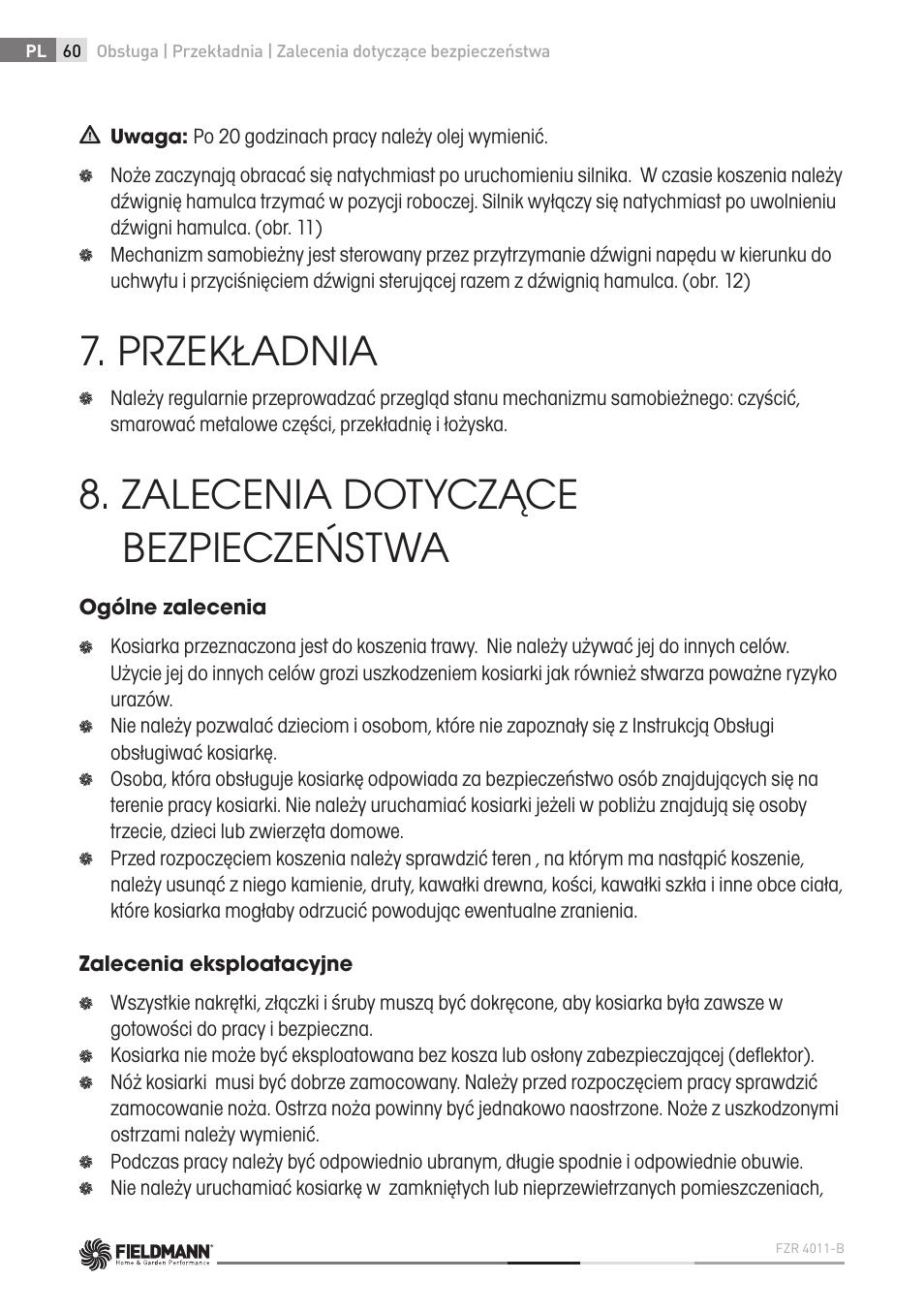 Przekładnia, Zalecenia dotyczące bezpieczeństwa | Fieldmann FZR 4011-B User Manual | Page 60 / 82