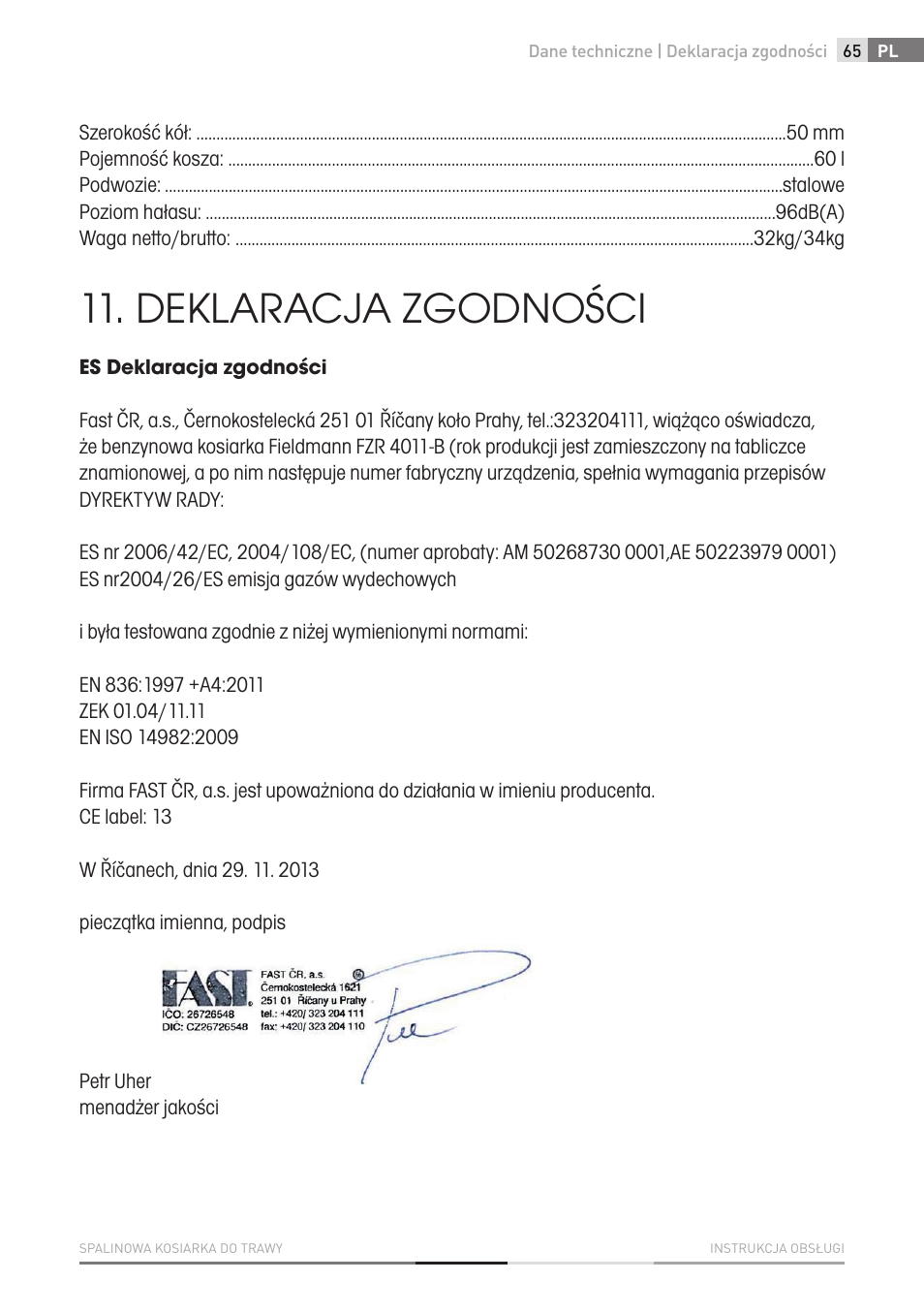 Deklaracja zgodności | Fieldmann FZR 4011-B User Manual | Page 65 / 82