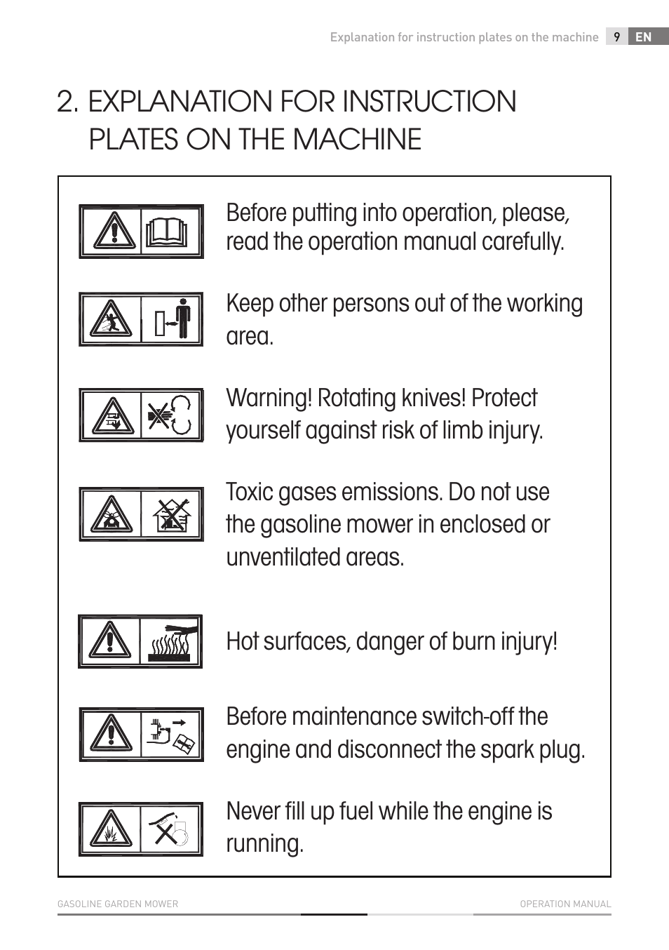 Explanation for instruction plates on the machine | Fieldmann FZR 4011-B User Manual | Page 9 / 82