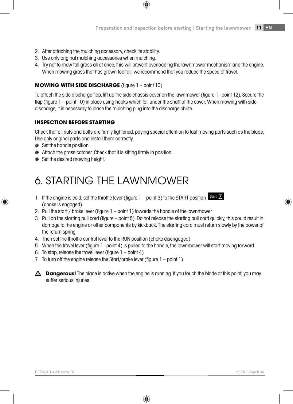 Starting the lawnmower | Fieldmann FZR 4617-BV User Manual | Page 11 / 92