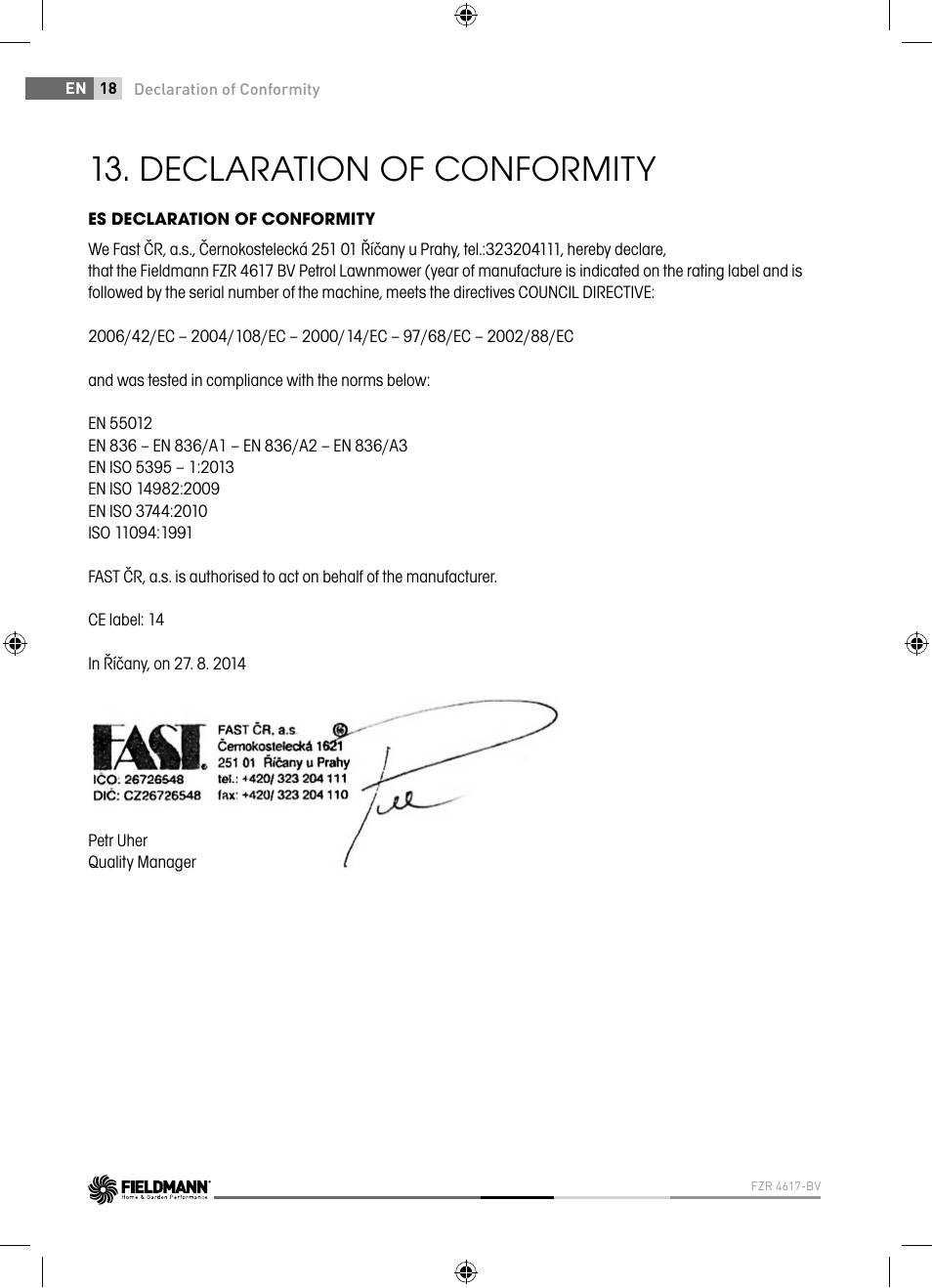Declaration of conformity | Fieldmann FZR 4617-BV User Manual | Page 18 / 92