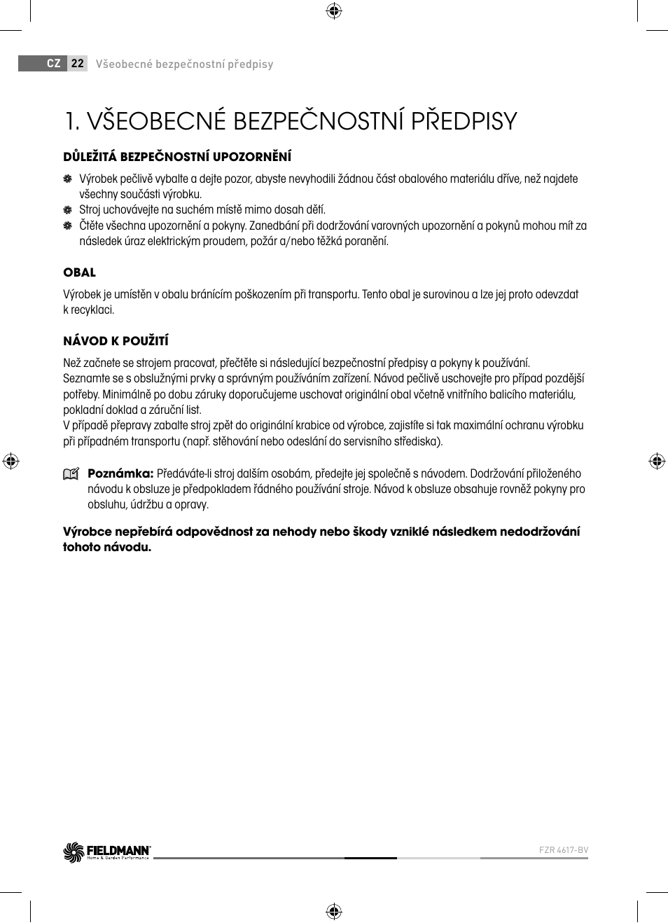 Všeobecné bezpečnostní předpisy | Fieldmann FZR 4617-BV User Manual | Page 22 / 92