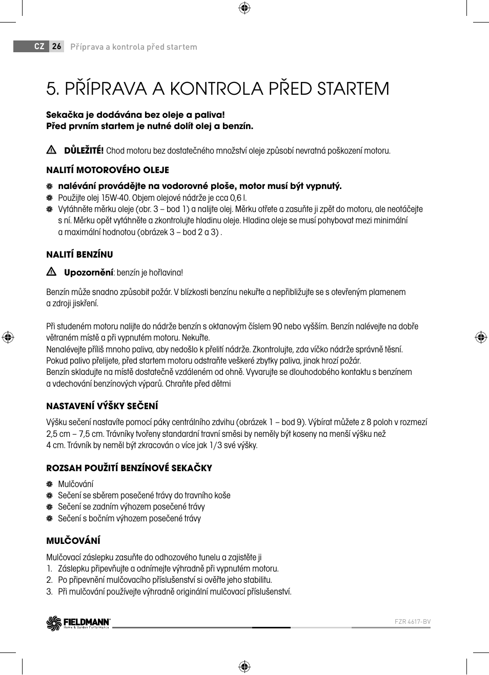 Příprava a kontrola před startem | Fieldmann FZR 4617-BV User Manual | Page 26 / 92