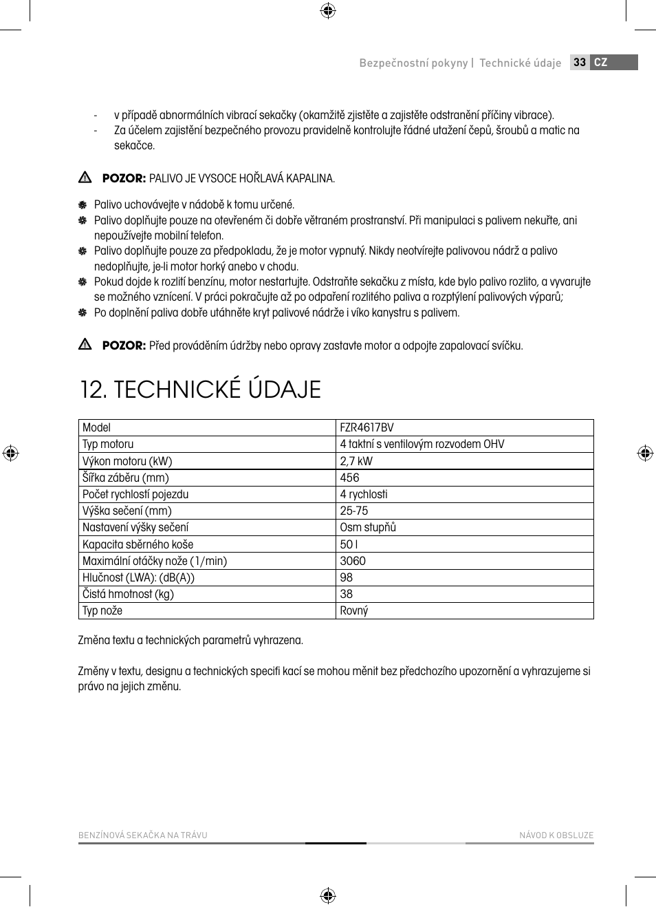 Technické údaje | Fieldmann FZR 4617-BV User Manual | Page 33 / 92
