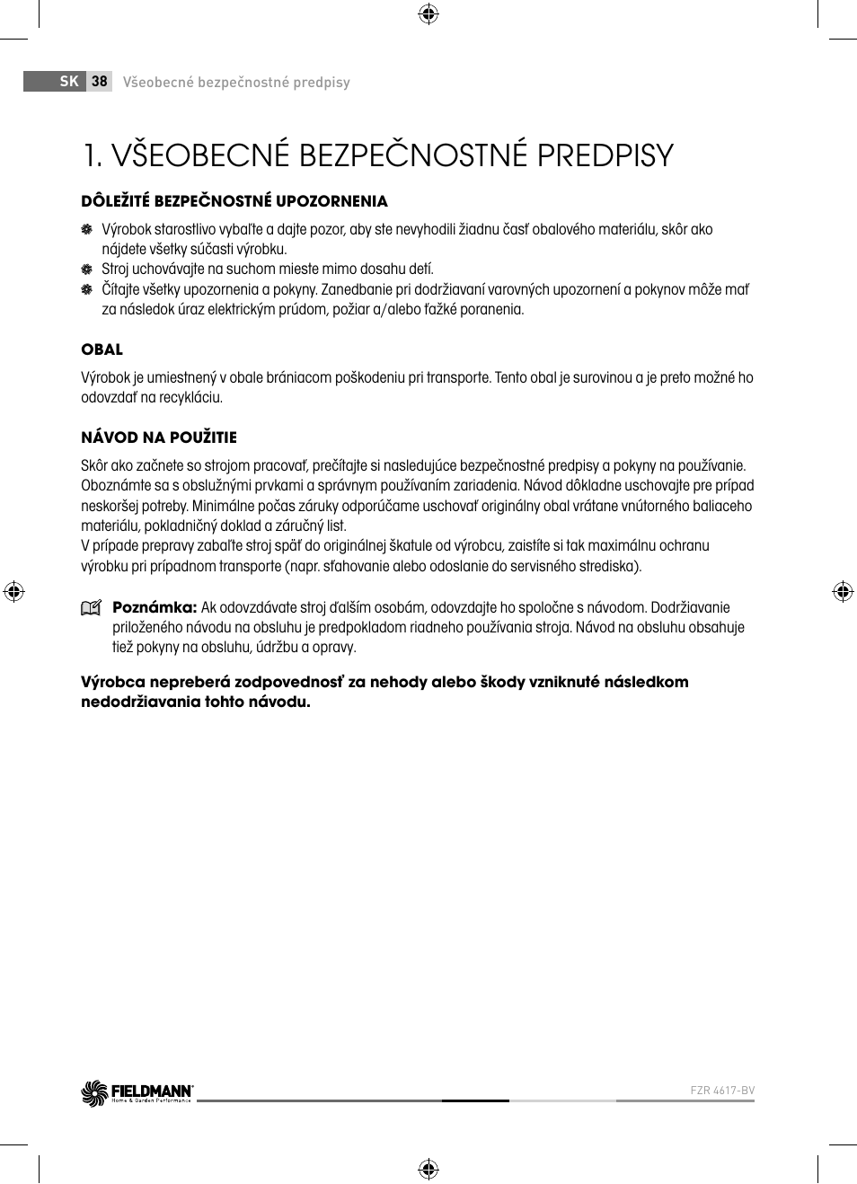 Všeobecné bezpečnostné predpisy | Fieldmann FZR 4617-BV User Manual | Page 38 / 92