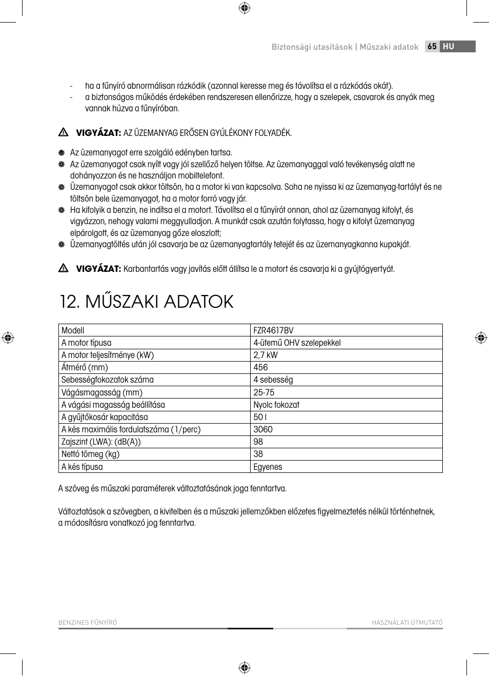 Műszaki adatok | Fieldmann FZR 4617-BV User Manual | Page 65 / 92