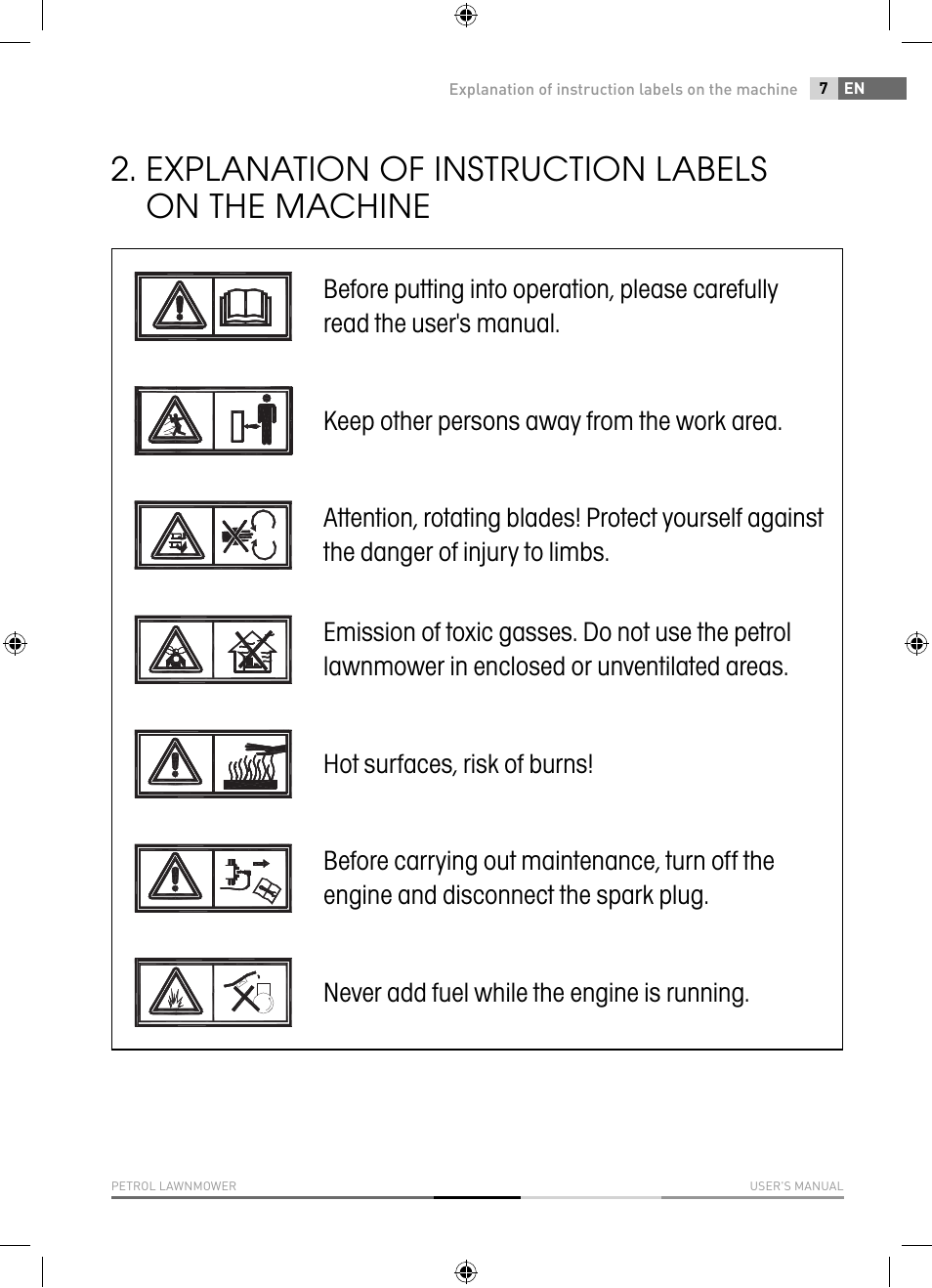 Explanation of instruction labels on the machine | Fieldmann FZR 4617-BV User Manual | Page 7 / 92