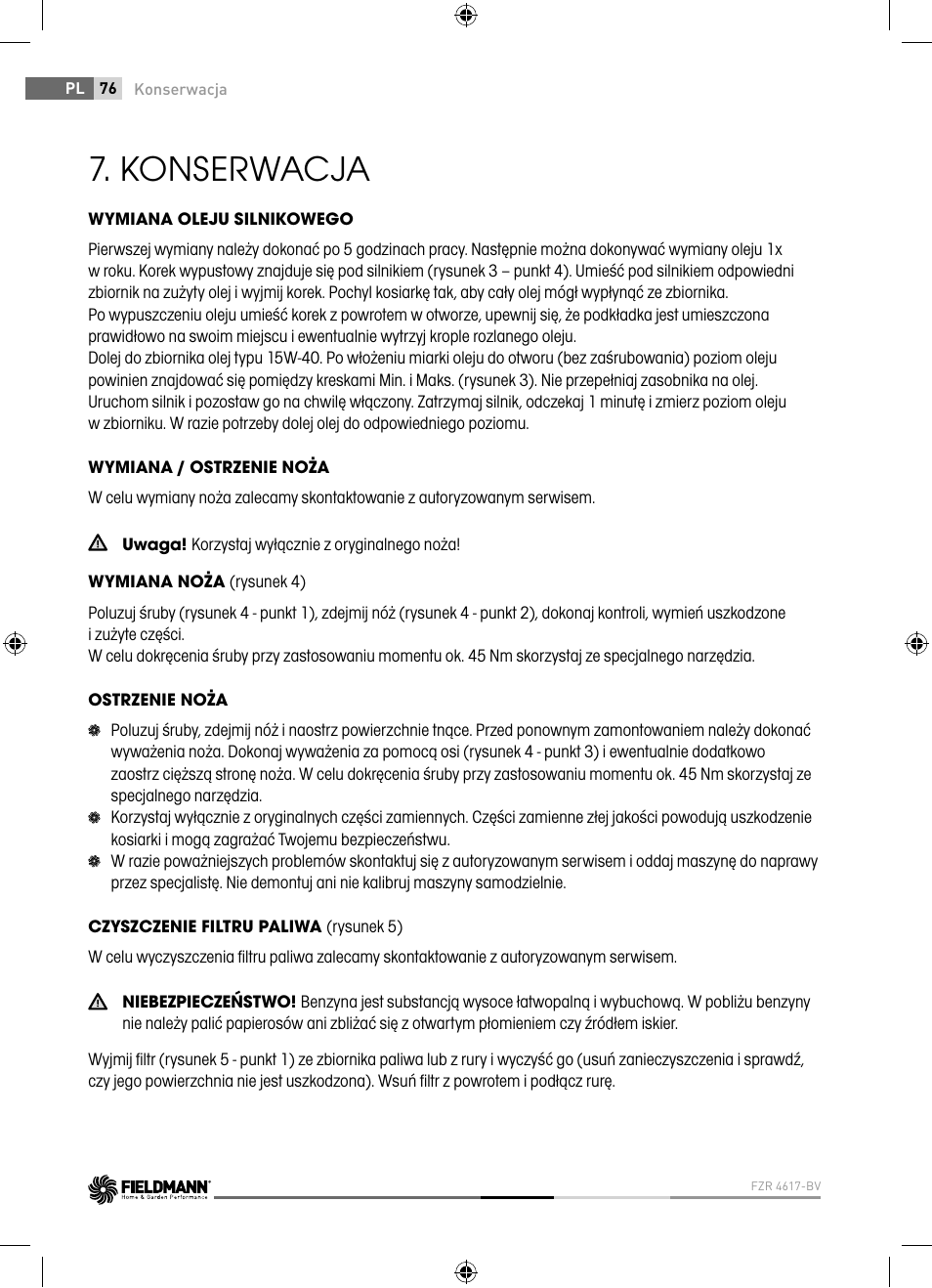 Konserwacja | Fieldmann FZR 4617-BV User Manual | Page 76 / 92