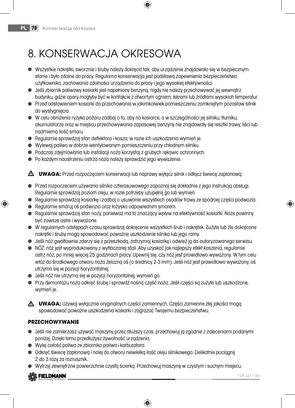 Konserwacja okresowa | Fieldmann FZR 4617-BV User Manual | Page 78 / 92