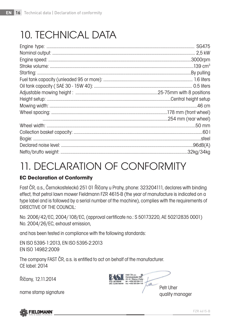 Technical data, Declaration of conformity | Fieldmann FZR 4615-B User Manual | Page 16 / 82