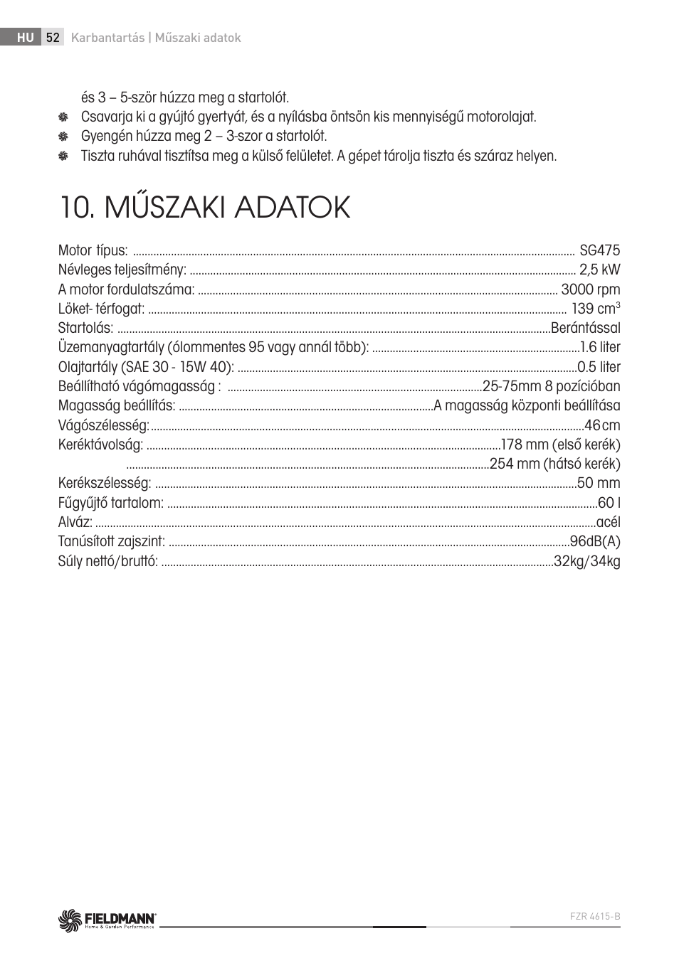 Műszaki adatok | Fieldmann FZR 4615-B User Manual | Page 52 / 82