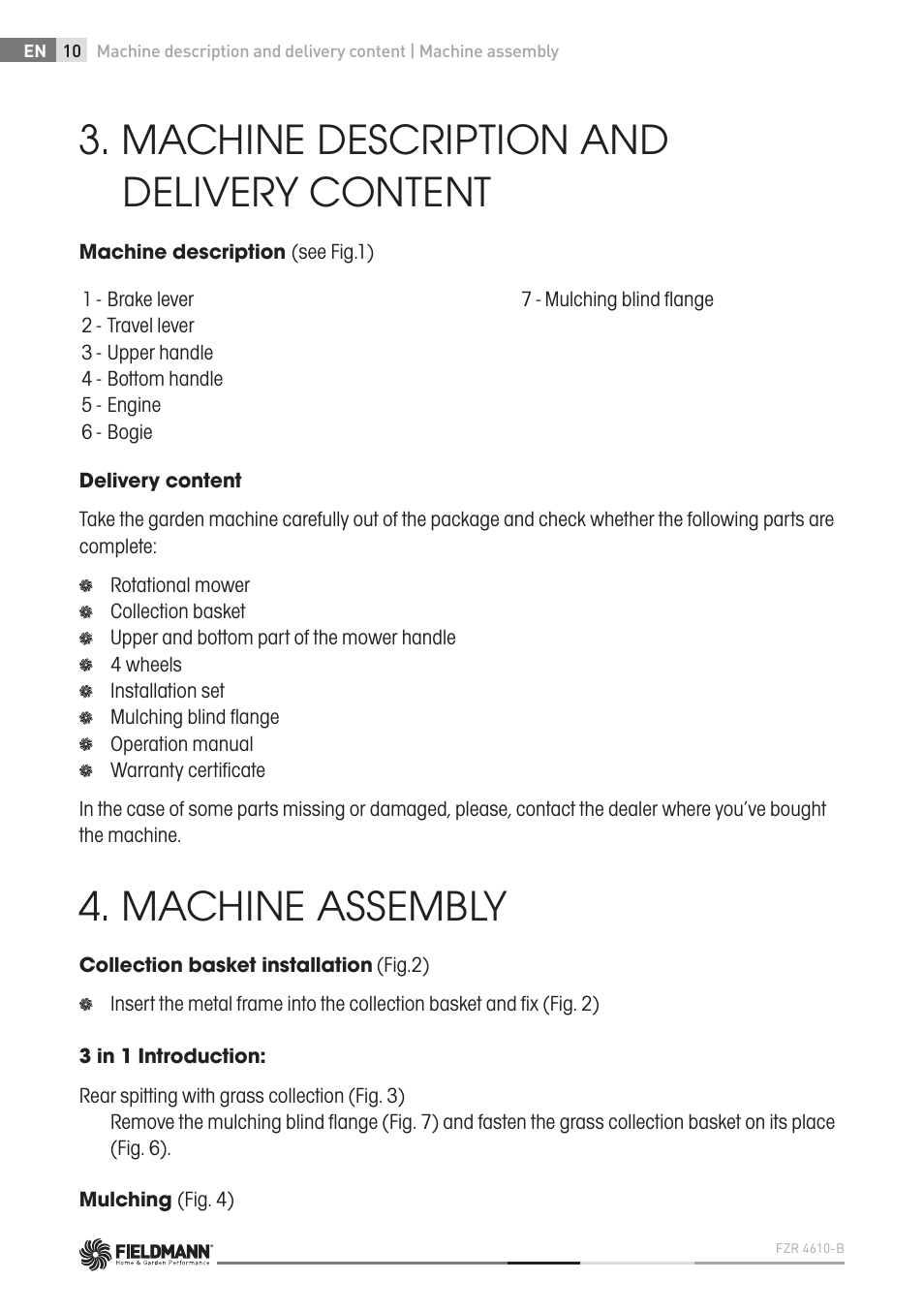 Machine description and delivery content, Machine assembly | Fieldmann FZR 4610-B User Manual | Page 10 / 80