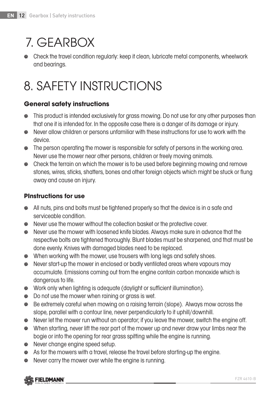 Gearbox, Safety instructions | Fieldmann FZR 4610-B User Manual | Page 12 / 80