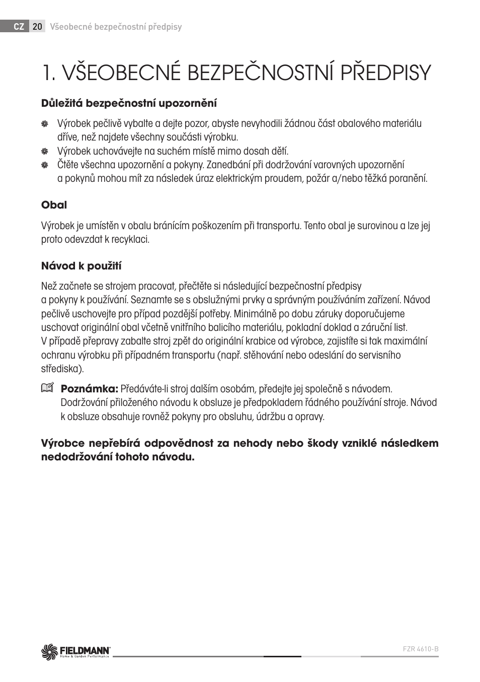 Všeobecné bezpečnostní předpisy | Fieldmann FZR 4610-B User Manual | Page 20 / 80