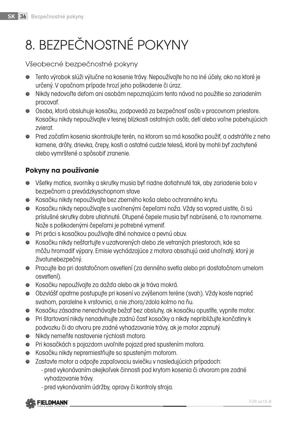 Bezpečnostné pokyny | Fieldmann FZR 4610-B User Manual | Page 36 / 80