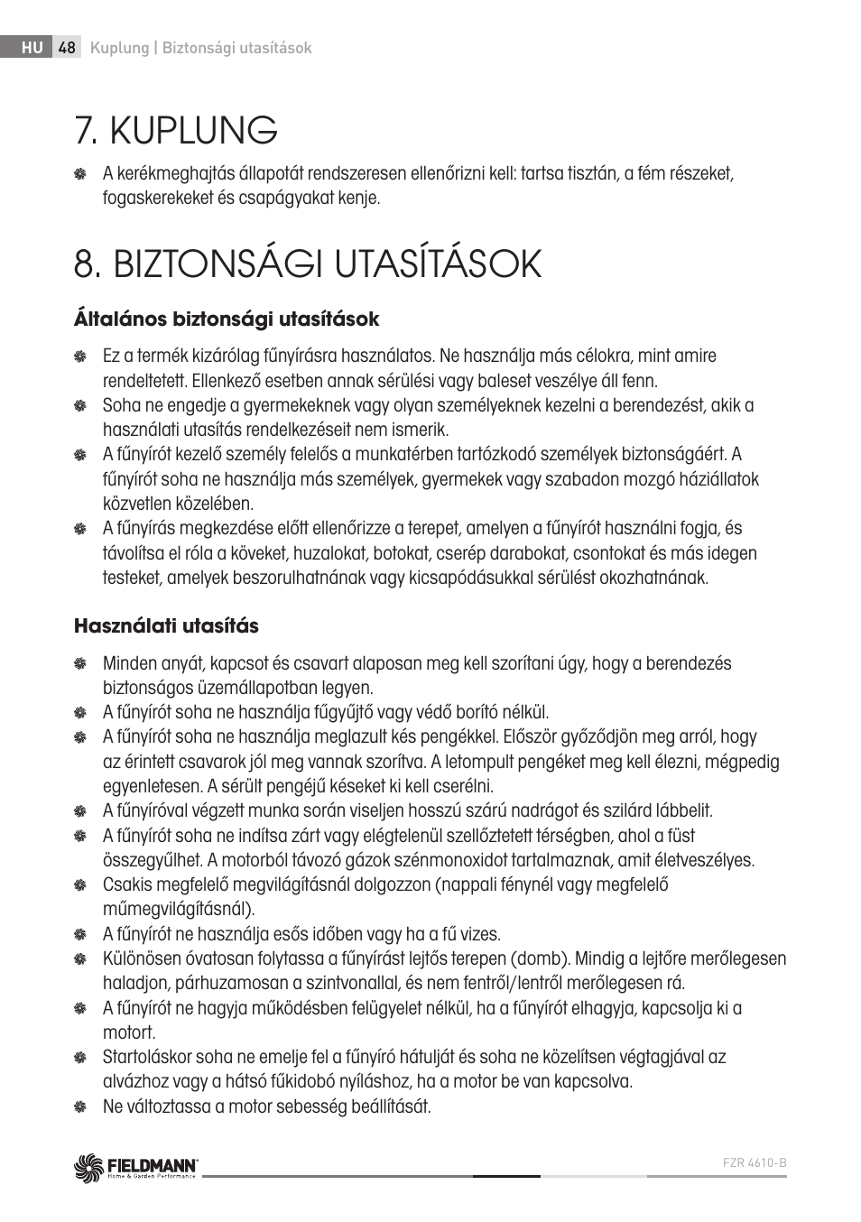 Kuplung, Biztonsági utasítások | Fieldmann FZR 4610-B User Manual | Page 48 / 80