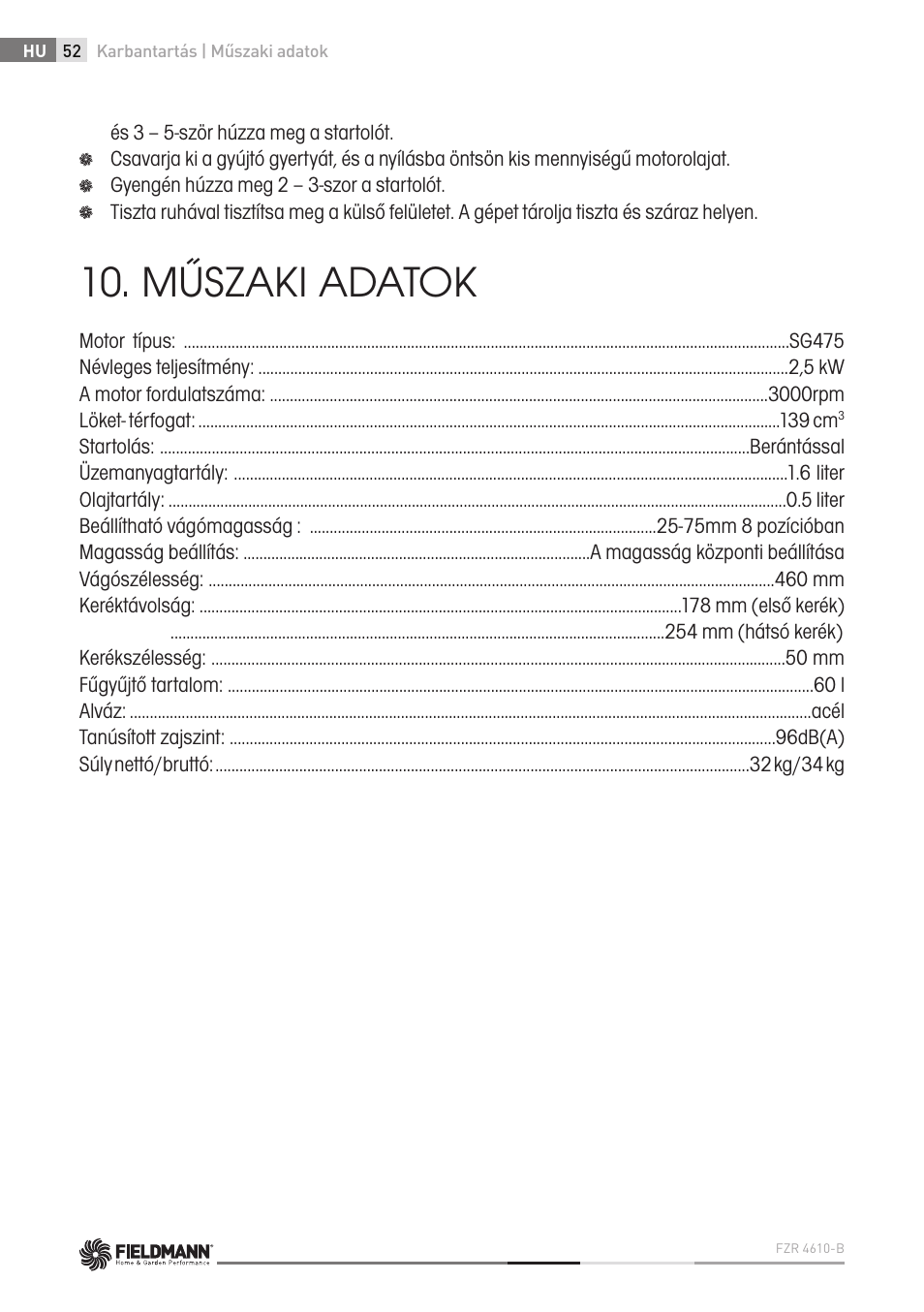 Műszaki adatok | Fieldmann FZR 4610-B User Manual | Page 52 / 80