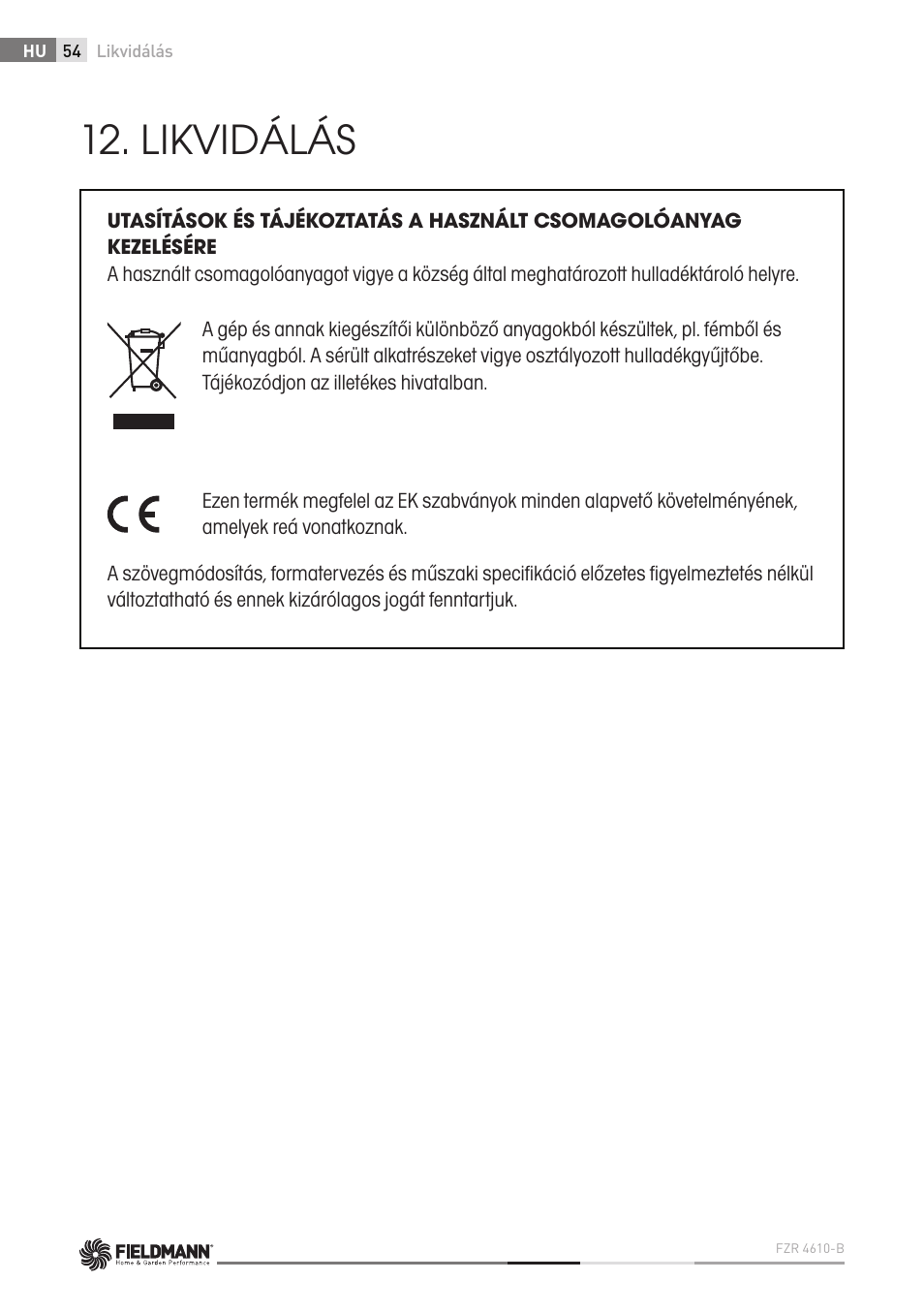 Likvidálás | Fieldmann FZR 4610-B User Manual | Page 54 / 80