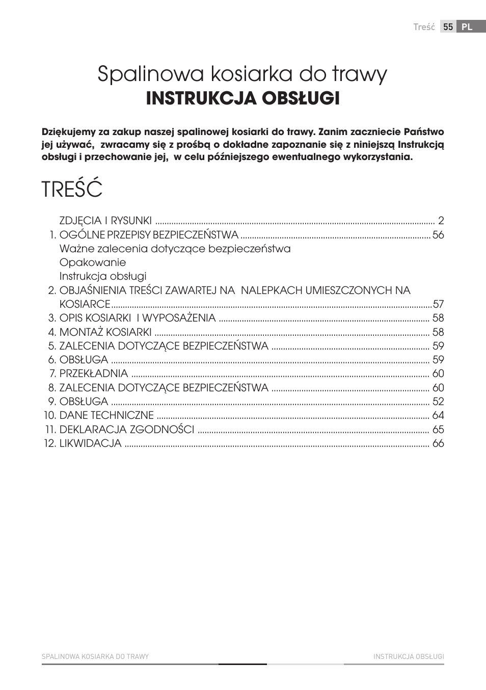 Spalinowa kosiarka do trawy, Treść, Instrukcja obsługi | Fieldmann FZR 4610-B User Manual | Page 55 / 80