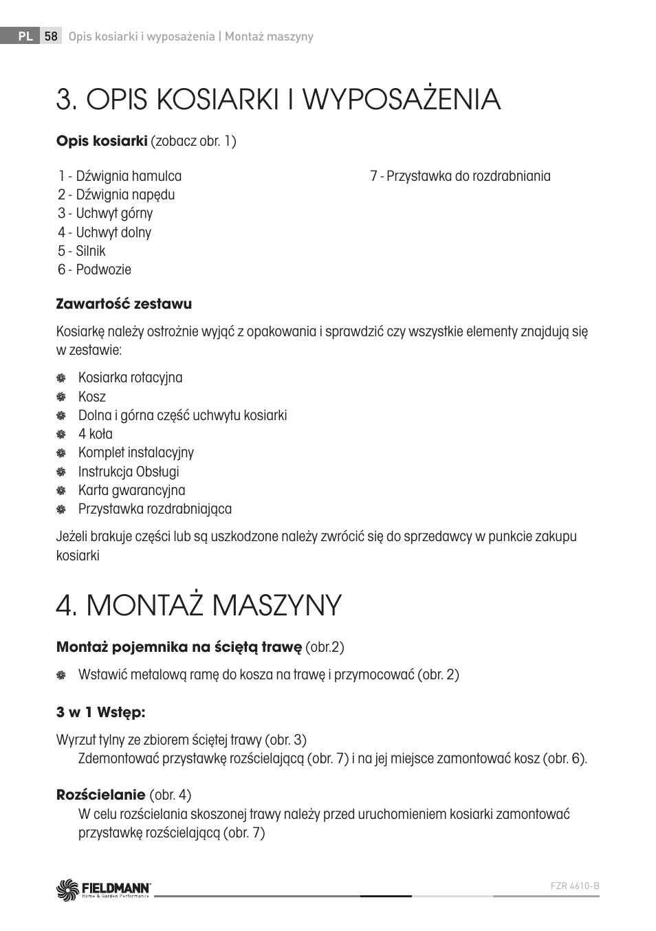 Opis kosiarki i wyposażenia, Montaż maszyny | Fieldmann FZR 4610-B User Manual | Page 58 / 80