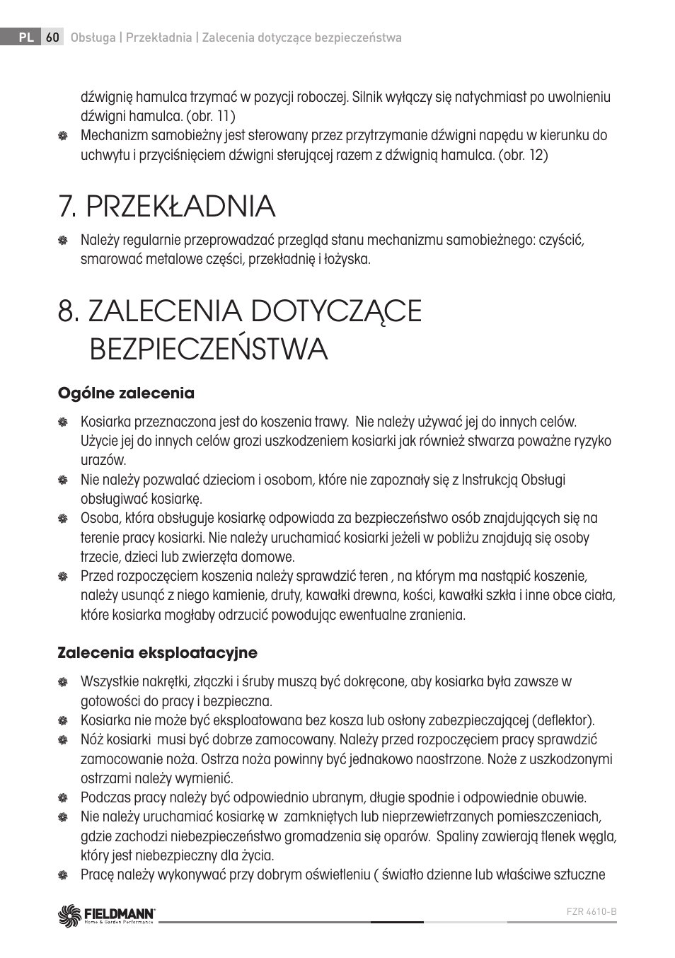 Przekładnia, Zalecenia dotyczące bezpieczeństwa | Fieldmann FZR 4610-B User Manual | Page 60 / 80