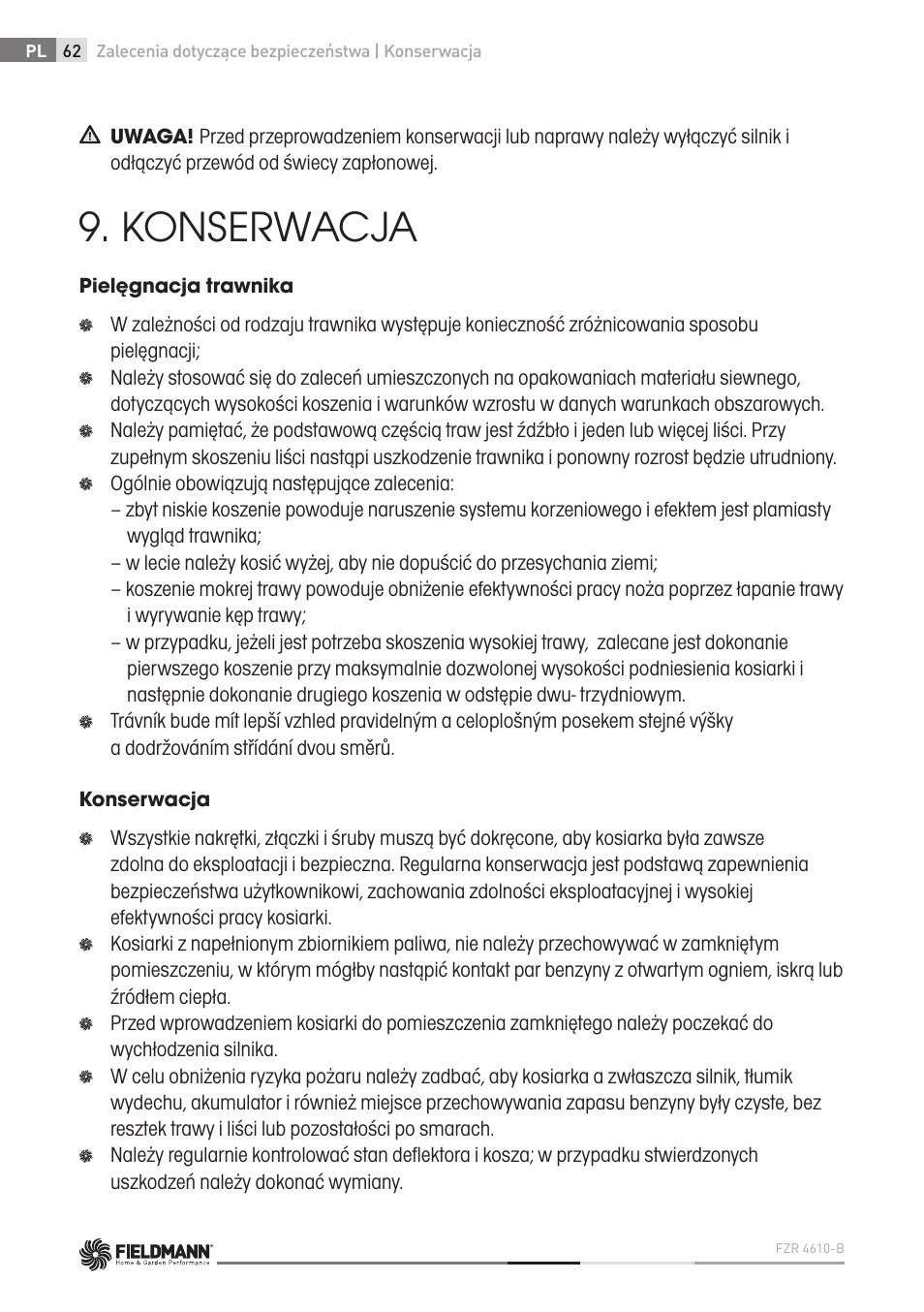 Konserwacja | Fieldmann FZR 4610-B User Manual | Page 62 / 80