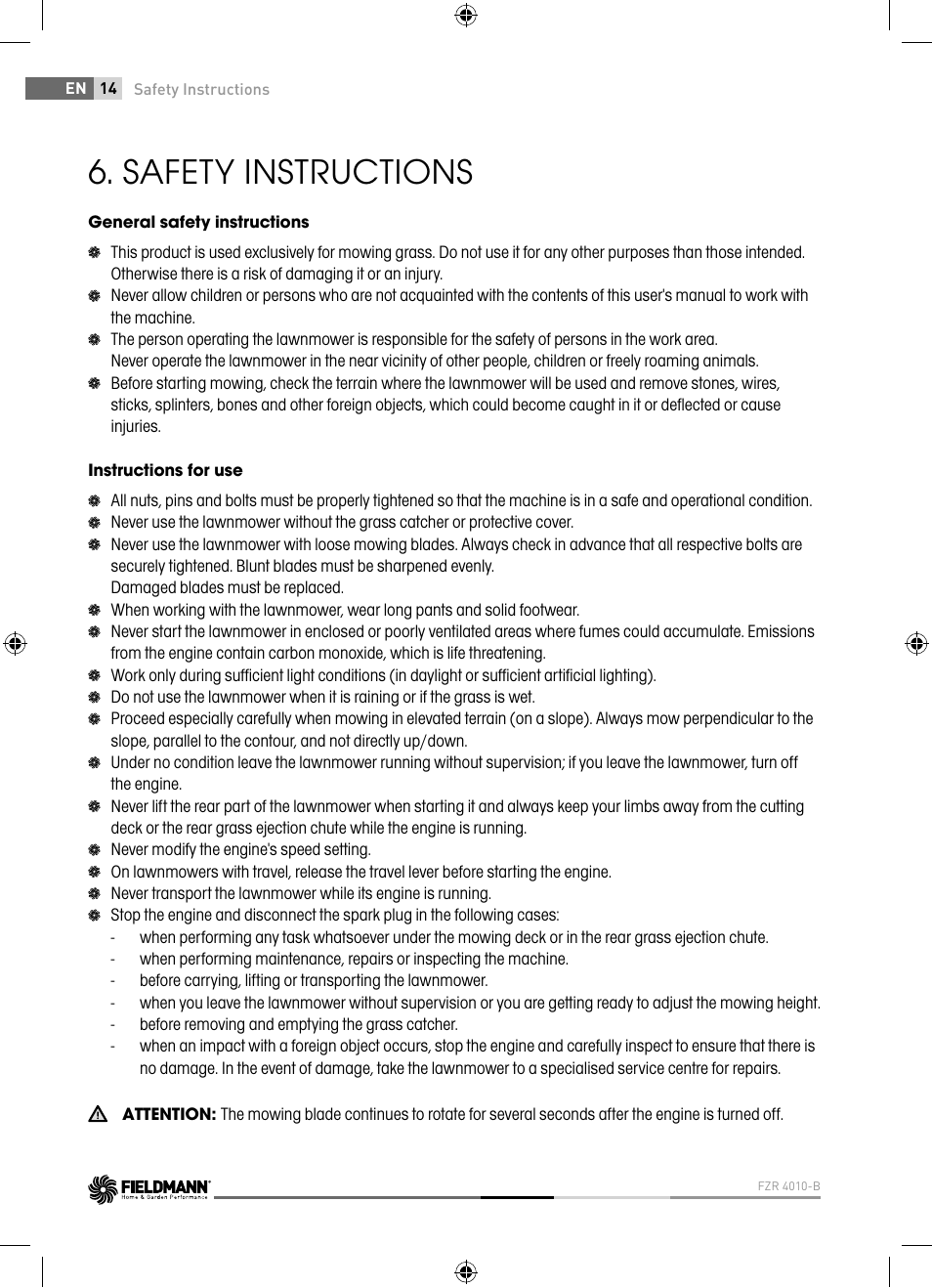 Safety instructions | Fieldmann FZR 4010-B User Manual | Page 14 / 88