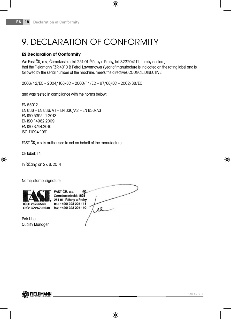 Declaration of conformity | Fieldmann FZR 4010-B User Manual | Page 18 / 88