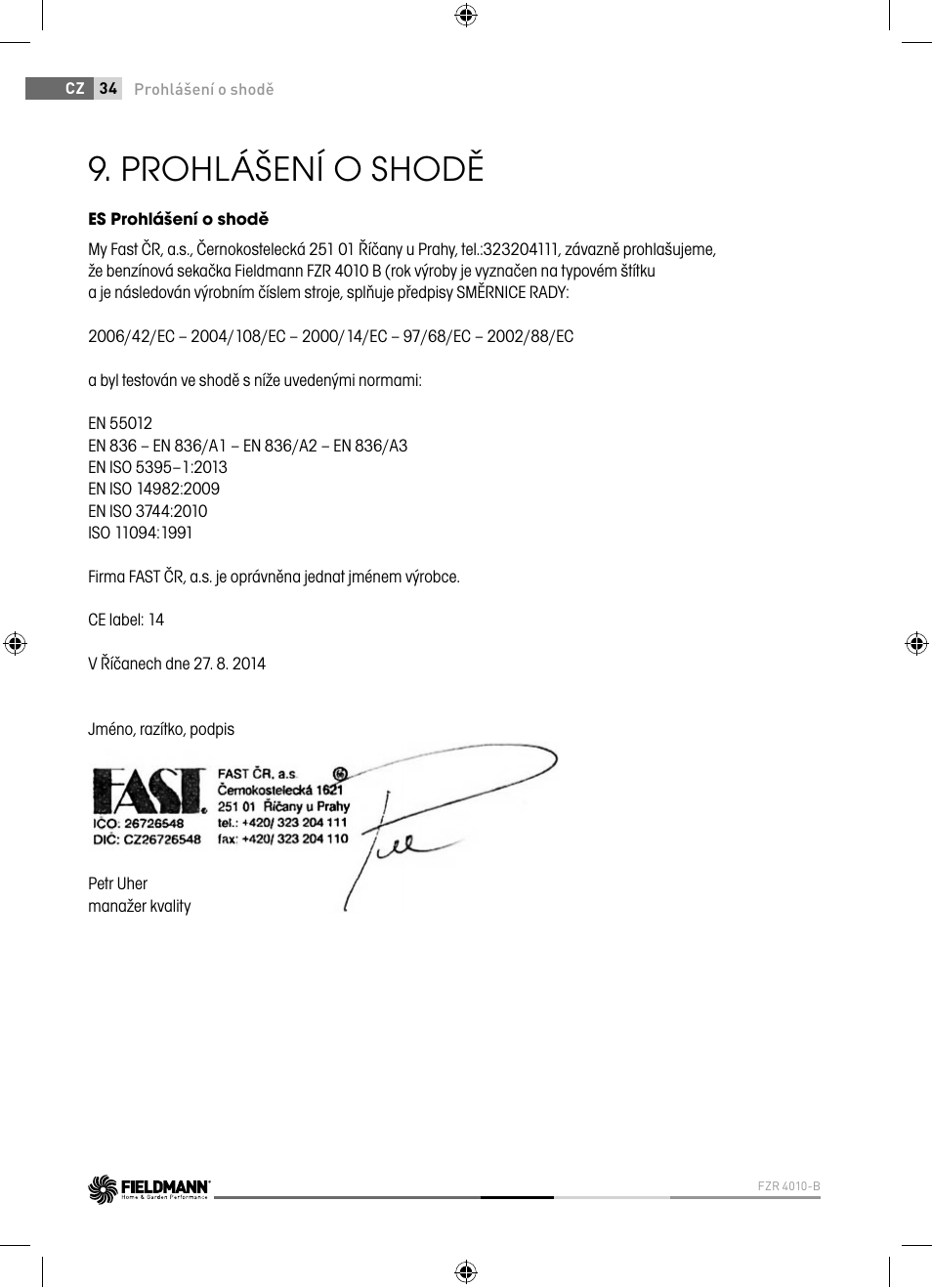 Prohlášení o shodě | Fieldmann FZR 4010-B User Manual | Page 34 / 88