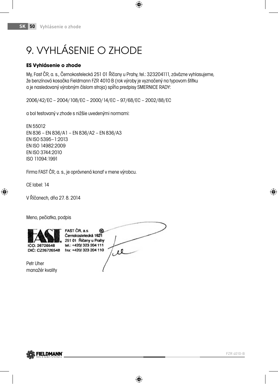 Vyhlásenie o zhode | Fieldmann FZR 4010-B User Manual | Page 50 / 88