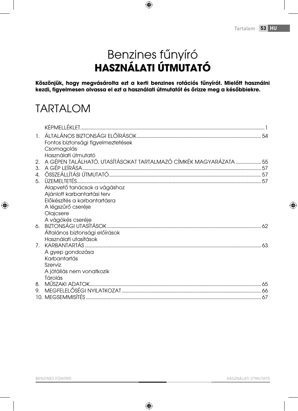 Benzines fűnyíró, Tartalom, Használati útmutató | Fieldmann FZR 4010-B User Manual | Page 53 / 88