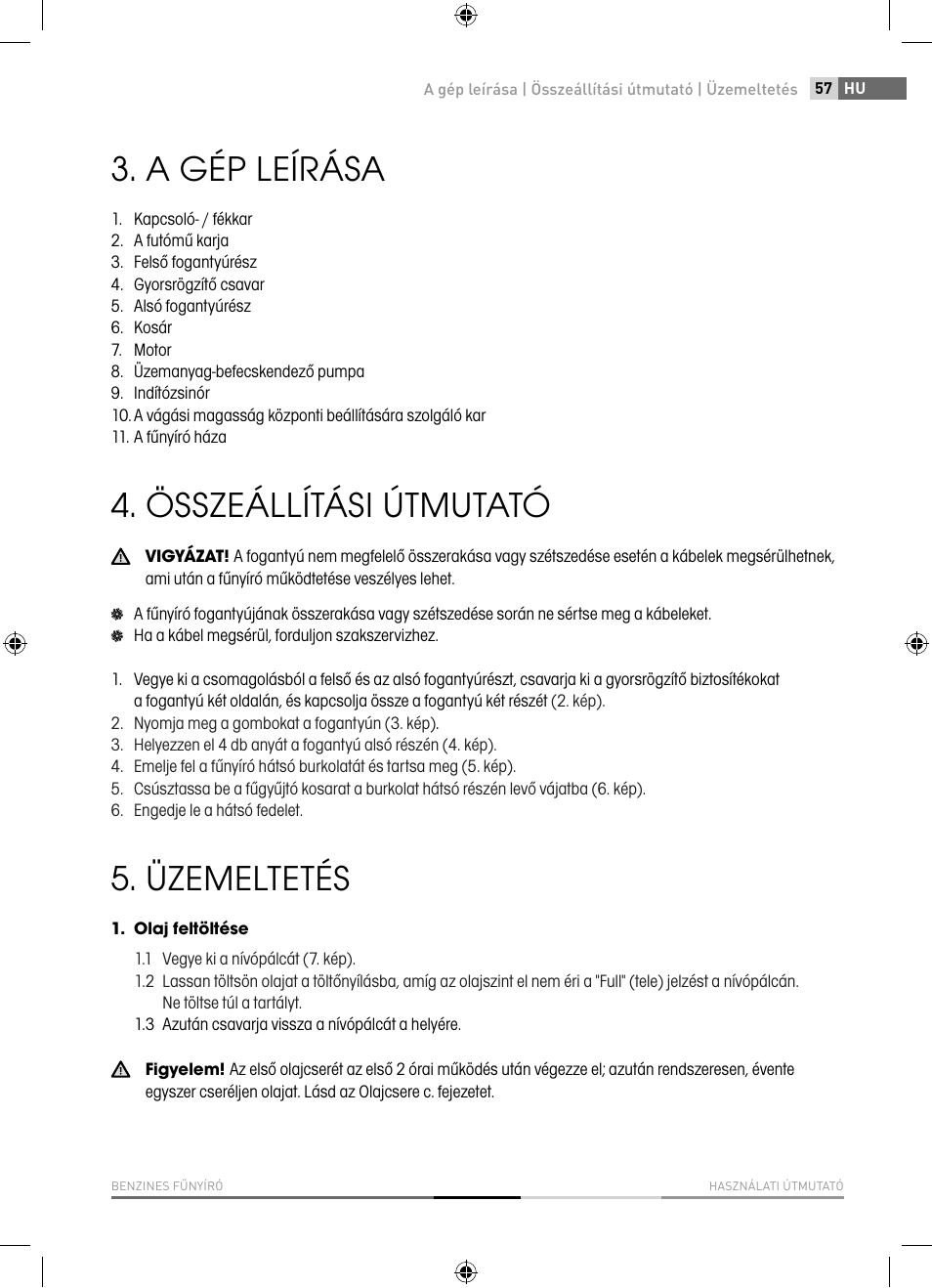 A gép leírása, Összeállítási útmutató, Üzemeltetés | Fieldmann FZR 4010-B User Manual | Page 57 / 88