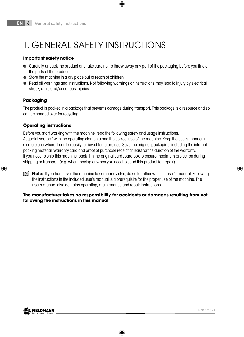 General safety instructions | Fieldmann FZR 4010-B User Manual | Page 6 / 88