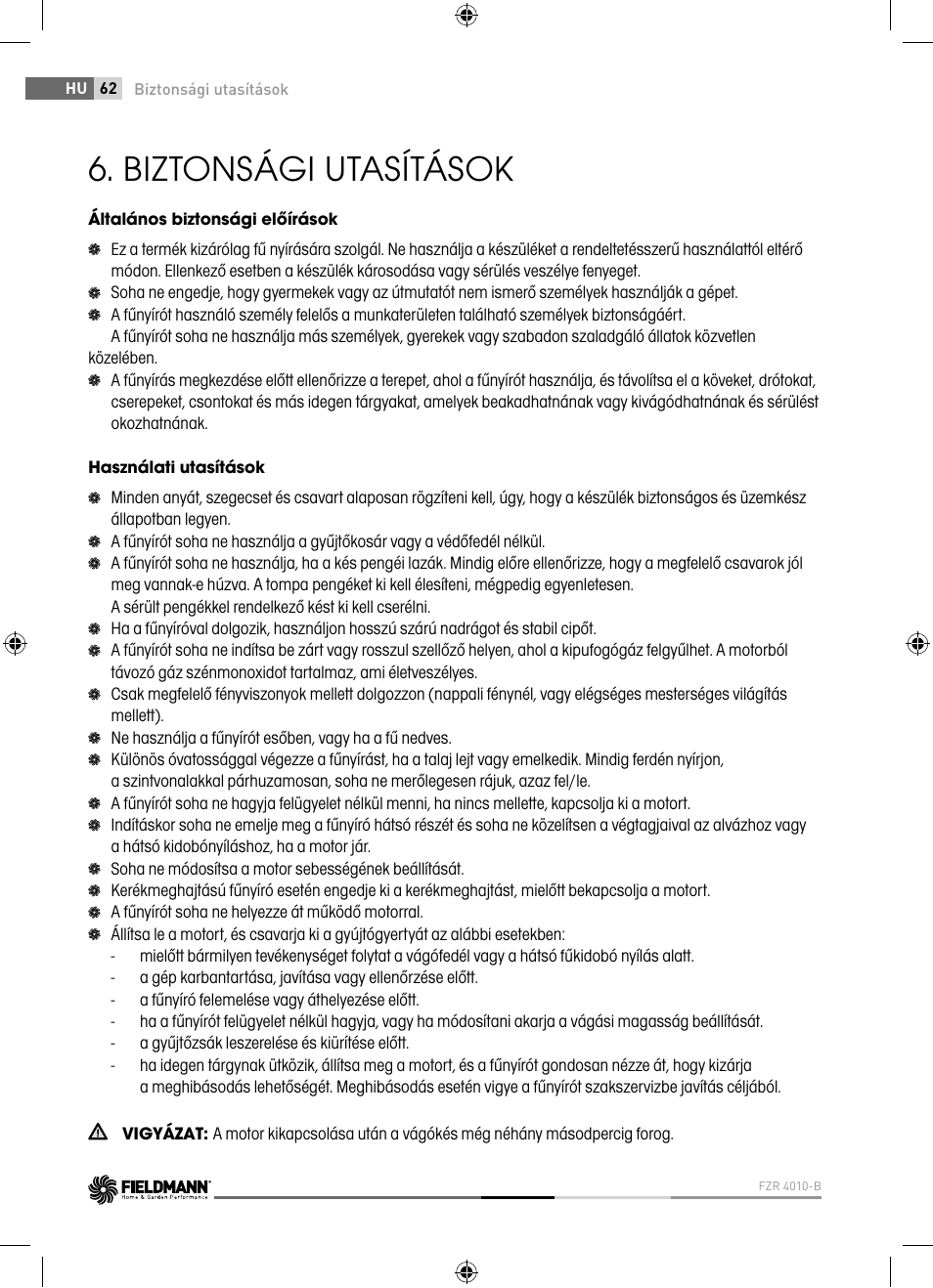 Biztonsági utasítások | Fieldmann FZR 4010-B User Manual | Page 62 / 88
