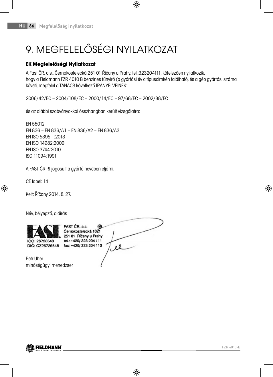 Megfelelőségi nyilatkozat | Fieldmann FZR 4010-B User Manual | Page 66 / 88