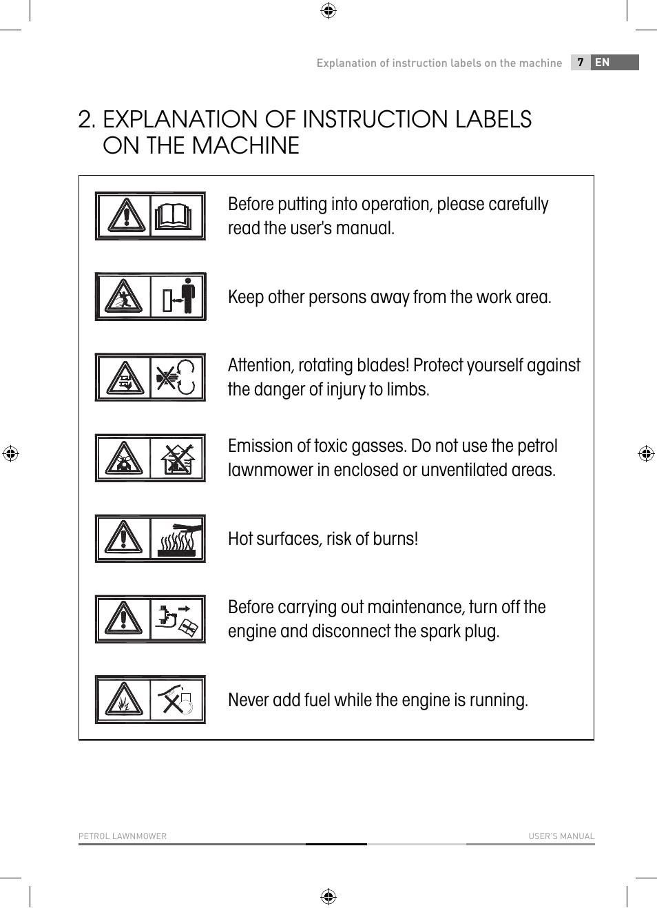 Explanation of instruction labels on the machine | Fieldmann FZR 4010-B User Manual | Page 7 / 88