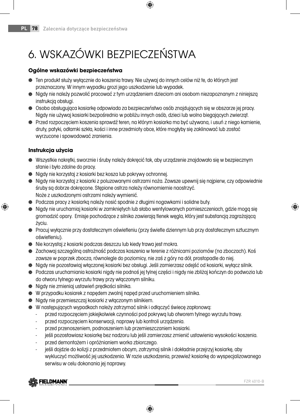 Wskazówki bezpieczeństwa | Fieldmann FZR 4010-B User Manual | Page 78 / 88