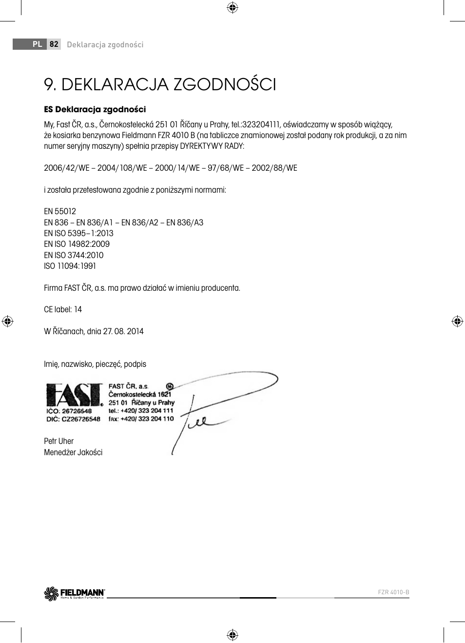 Deklaracja zgodności | Fieldmann FZR 4010-B User Manual | Page 82 / 88