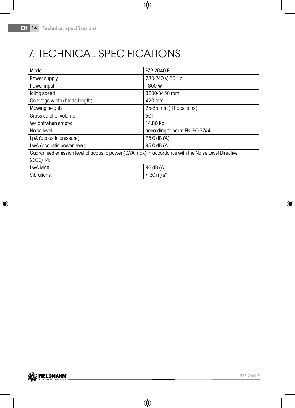 Technical specifications | Fieldmann FZR 2040-E User Manual | Page 14 / 76