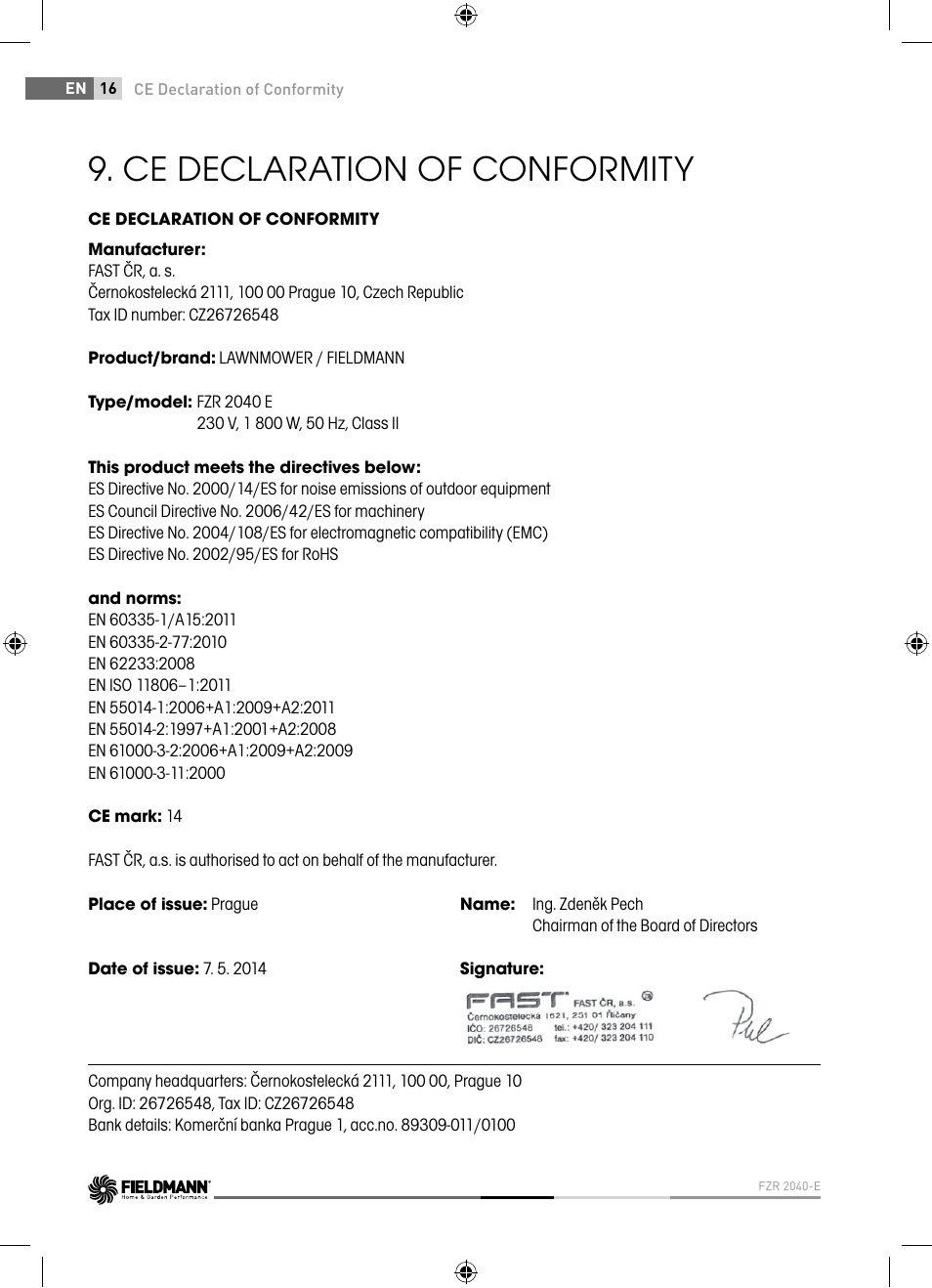 Ce declaration of conformity | Fieldmann FZR 2040-E User Manual | Page 16 / 76