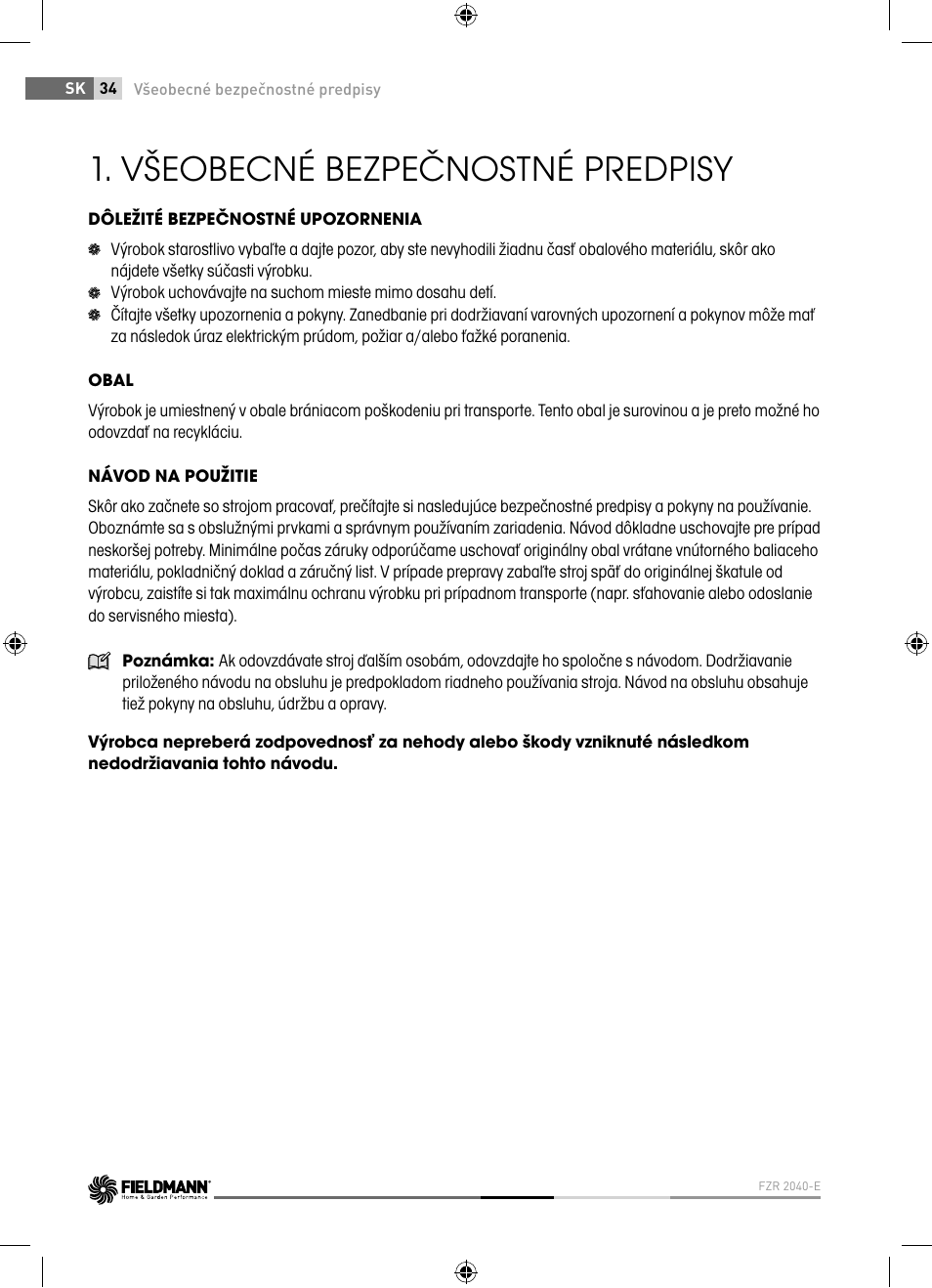 Všeobecné bezpečnostné predpisy | Fieldmann FZR 2040-E User Manual | Page 34 / 76