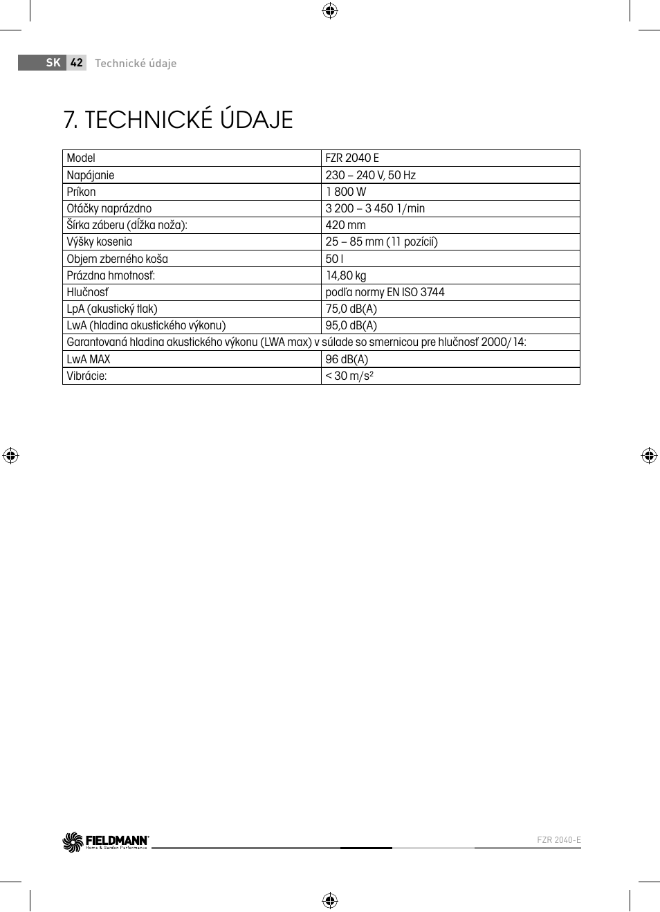 Technické údaje | Fieldmann FZR 2040-E User Manual | Page 42 / 76