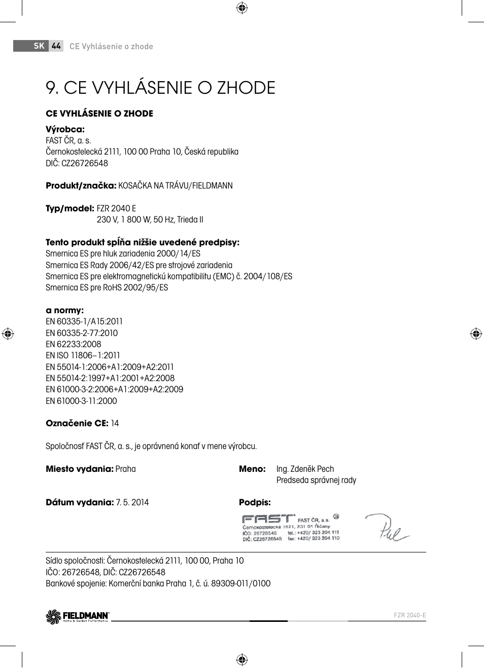 Ce vyhlásenie o zhode | Fieldmann FZR 2040-E User Manual | Page 44 / 76