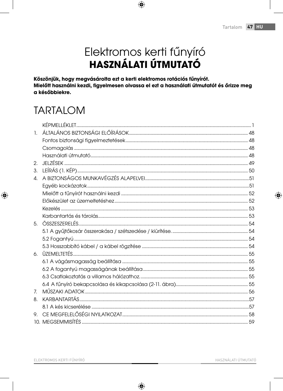 Elektromos kerti fűnyíró, Tartalom, Használati útmutató | Fieldmann FZR 2040-E User Manual | Page 47 / 76