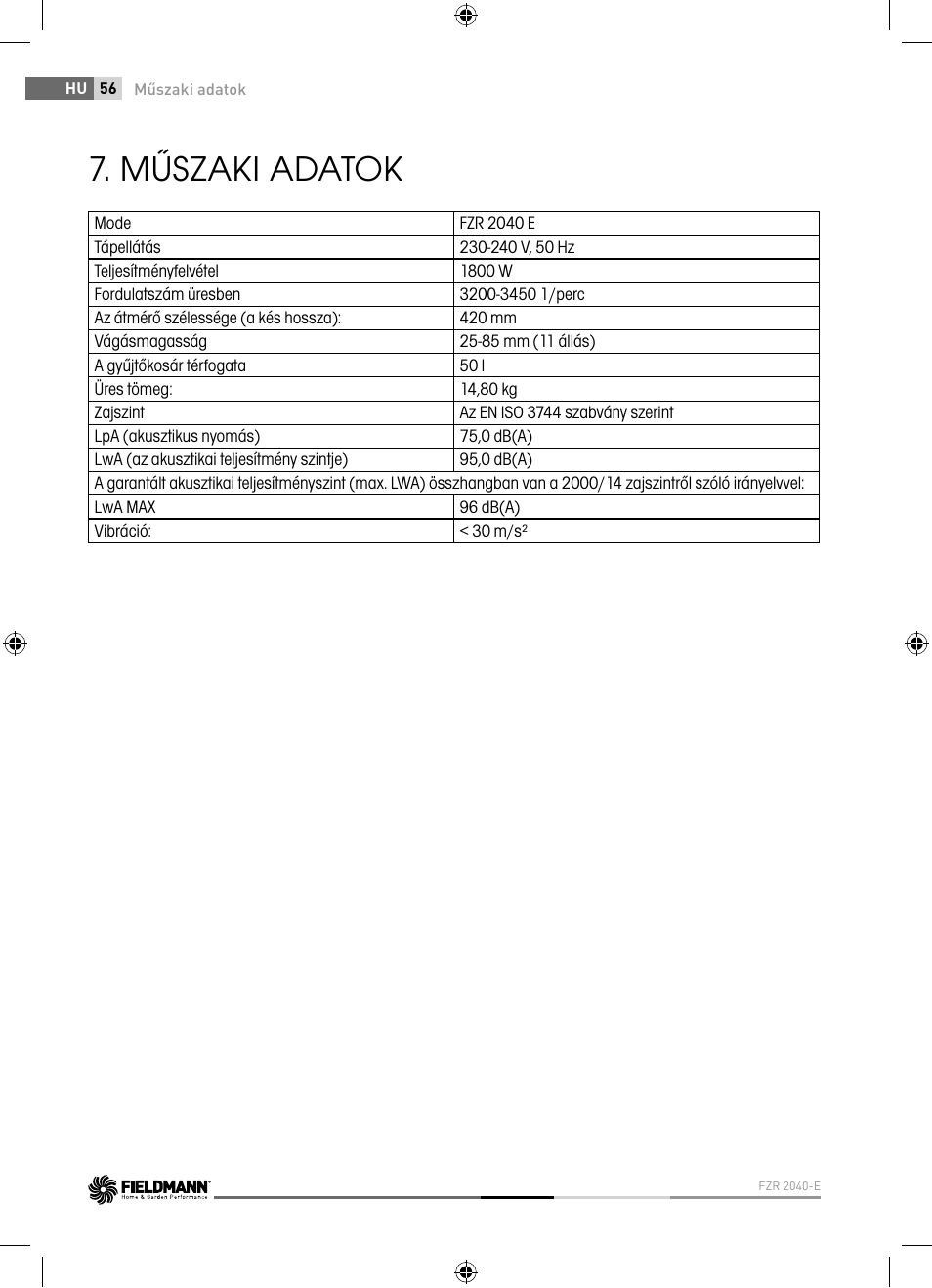 Műszaki adatok | Fieldmann FZR 2040-E User Manual | Page 56 / 76