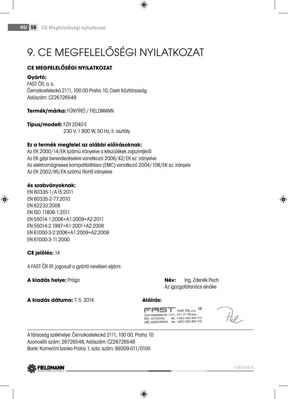 Ce megfelelőségi nyilatkozat | Fieldmann FZR 2040-E User Manual | Page 58 / 76